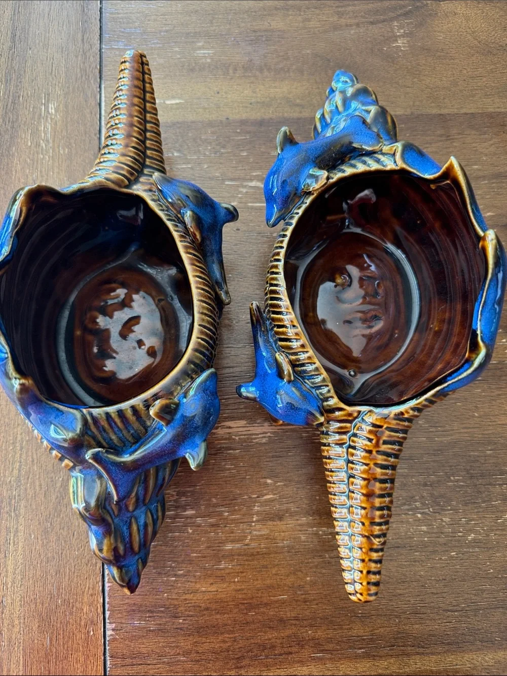 Vtg Blue Glazed Ceramic Pottery Conch Shell With Dolphins In Surf Planter set  2